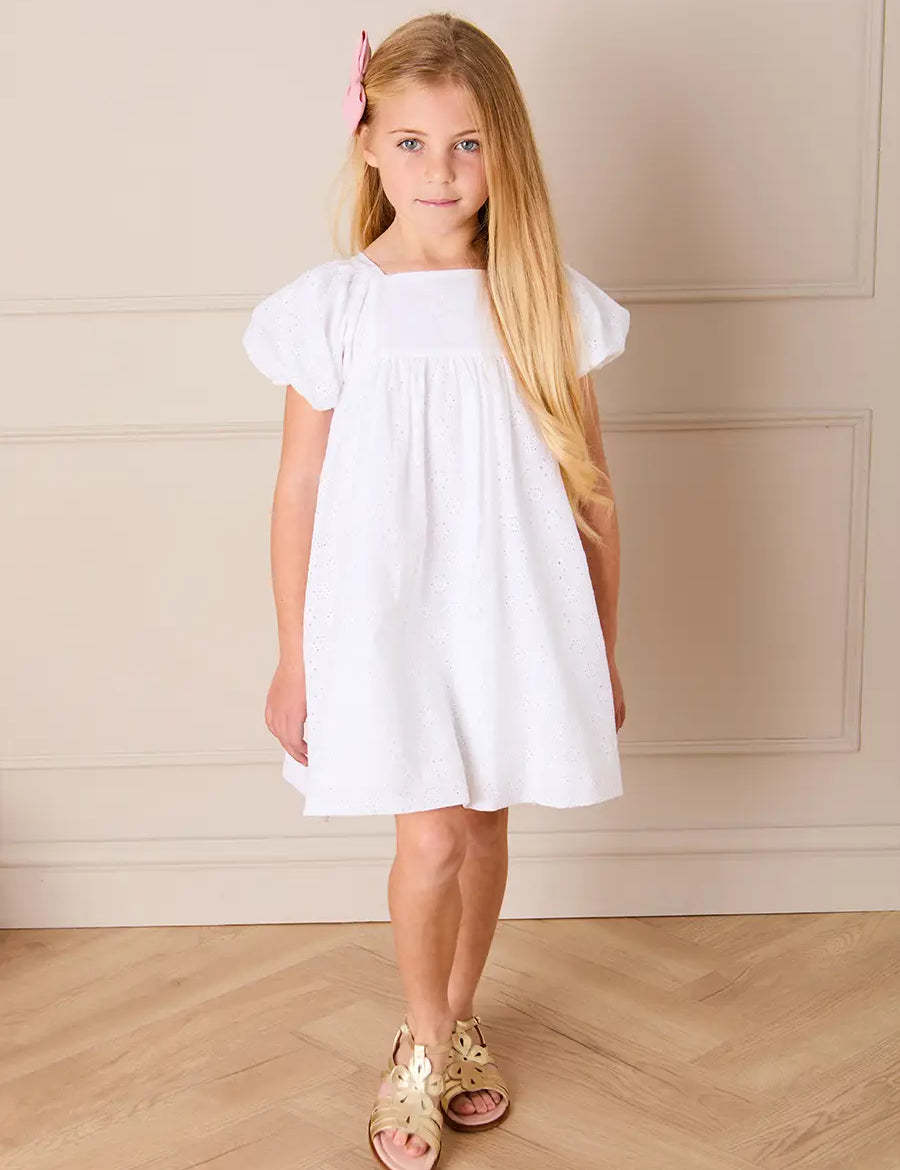Flower Embroidered Broderie Anglaise Short Sleeve Dress in White (12mths-12yrs) DRESSES from Pepa London