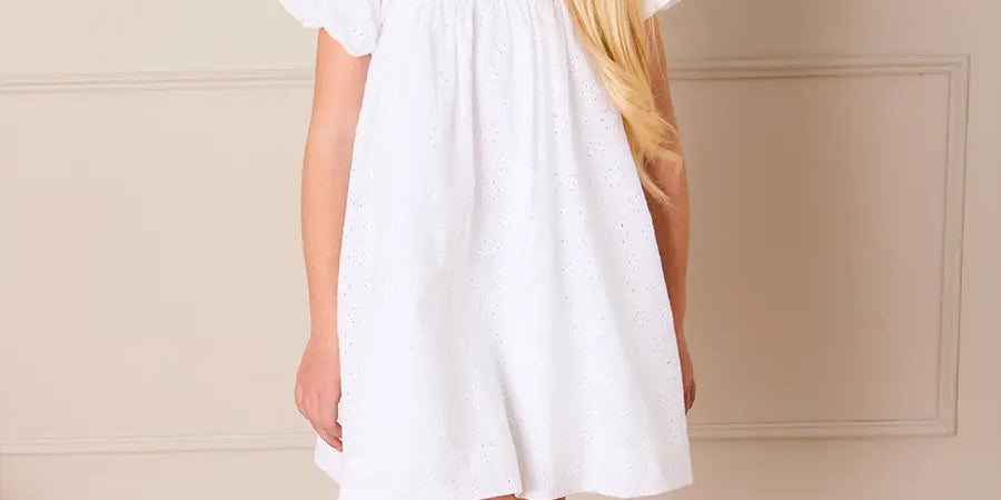 Flower Embroidered Broderie Anglaise Short Sleeve Dress in White (12mths-12yrs) DRESSES from Pepa London
