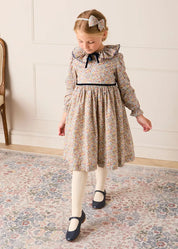 Marianne Floral Long Sleeve Velvet Bow Dress in Mustard Made with Liberty Fabric (2-12yrs) Dresses from Pepa London