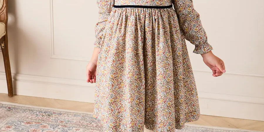 Marianne Floral Long Sleeve Velvet Bow Dress in Mustard Made with Liberty Fabric (2-12yrs) Dresses from Pepa London