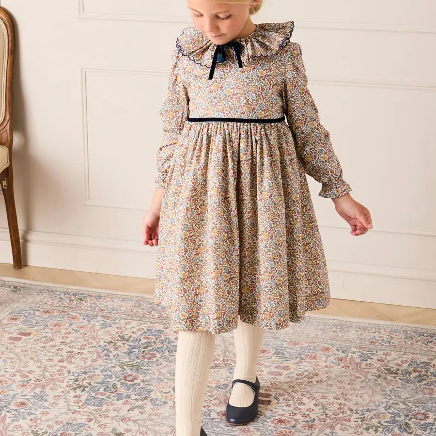 Marianne Floral Long Sleeve Velvet Bow Dress in Mustard Made with Liberty Fabric (2-12yrs) Dresses from Pepa London