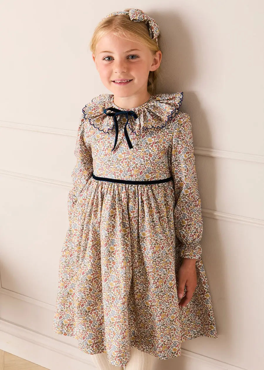 Marianne Floral Long Sleeve Velvet Bow Dress in Mustard Made with Liberty Fabric (2-12yrs) Dresses from Pepa London