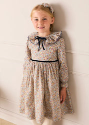 Marianne Floral Long Sleeve Velvet Bow Dress in Mustard Made with Liberty Fabric (2-12yrs) Dresses from Pepa London