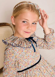 Marianne Floral Long Sleeve Velvet Bow Dress in Mustard Made with Liberty Fabric (2-12yrs) Dresses from Pepa London