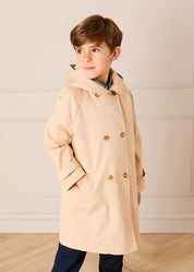 Double Breasted George Check Lined Rain Coat With Detachable Hood in Beige (2-10yrs) Coats from Pepa London