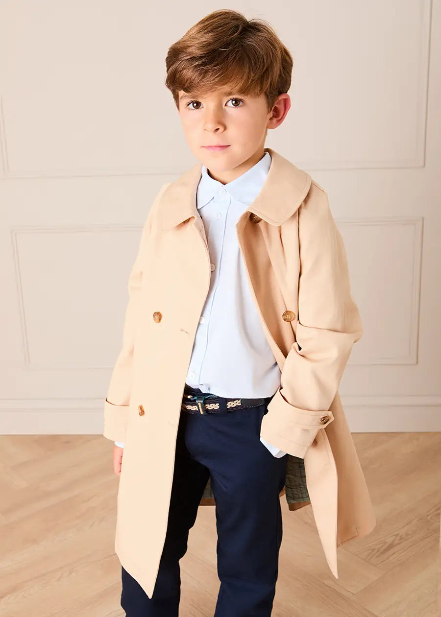Double Breasted George Check Lined Rain Coat With Detachable Hood in Beige (2-10yrs) Coats from Pepa London