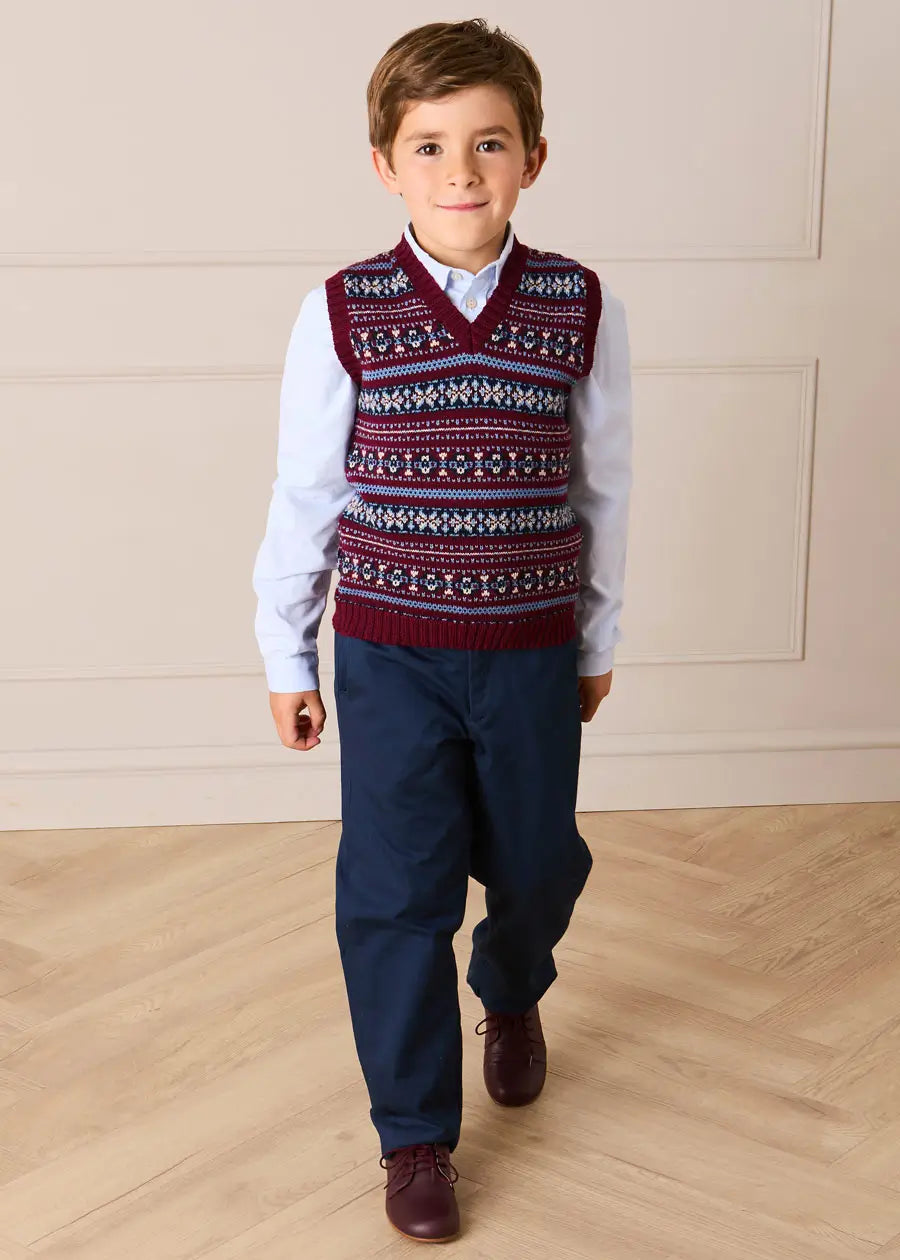 Jacquard Knit Sweater Vest in Burgundy (4-10yrs) Knitwear from Pepa London