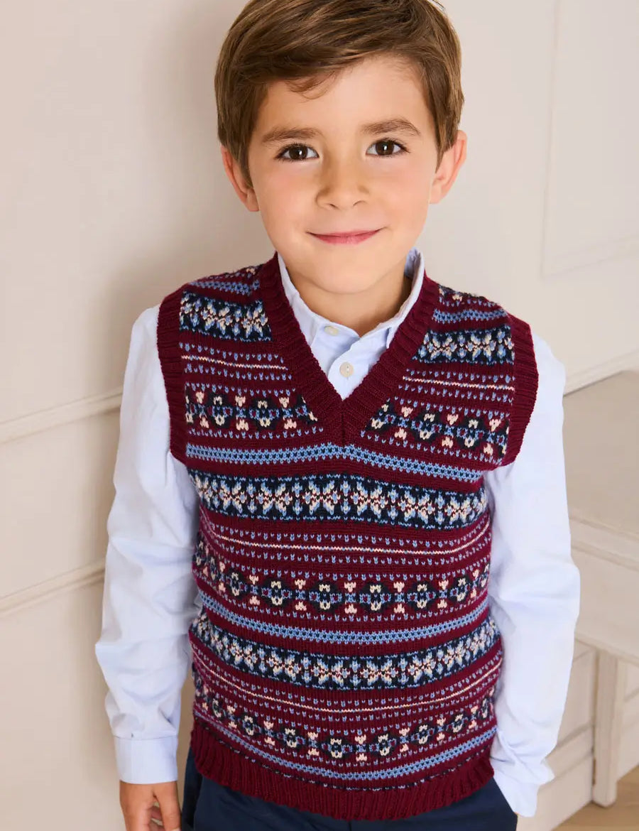 Jacquard Knit Sweater Vest in Burgundy (4-10yrs) Knitwear from Pepa London