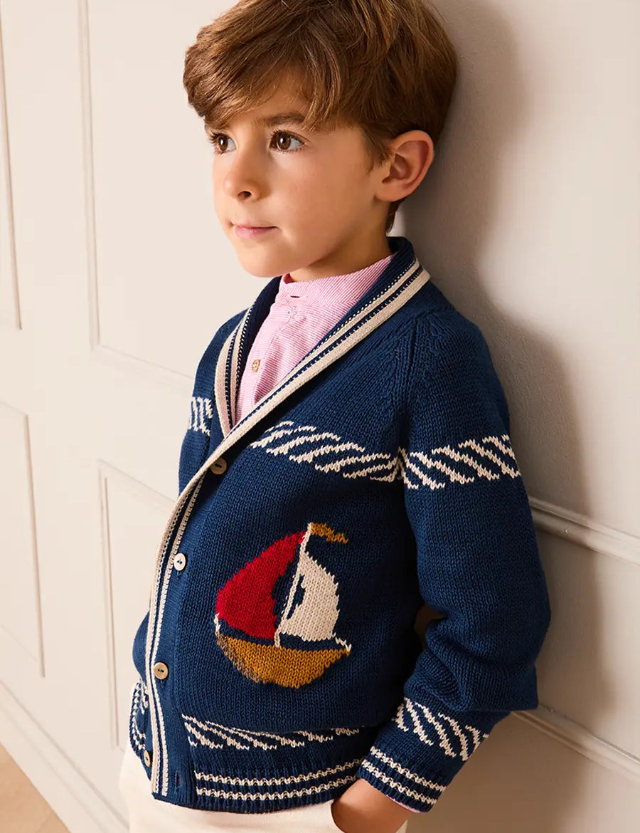 Boat Motif Knitted Cardigan in Navy (2- 10yrs) Knitwear from Pepa London