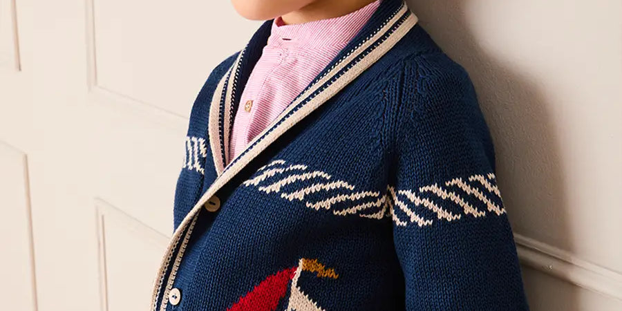 Boat Motif Knitted Cardigan in Navy (2- 10yrs) Knitwear from Pepa London