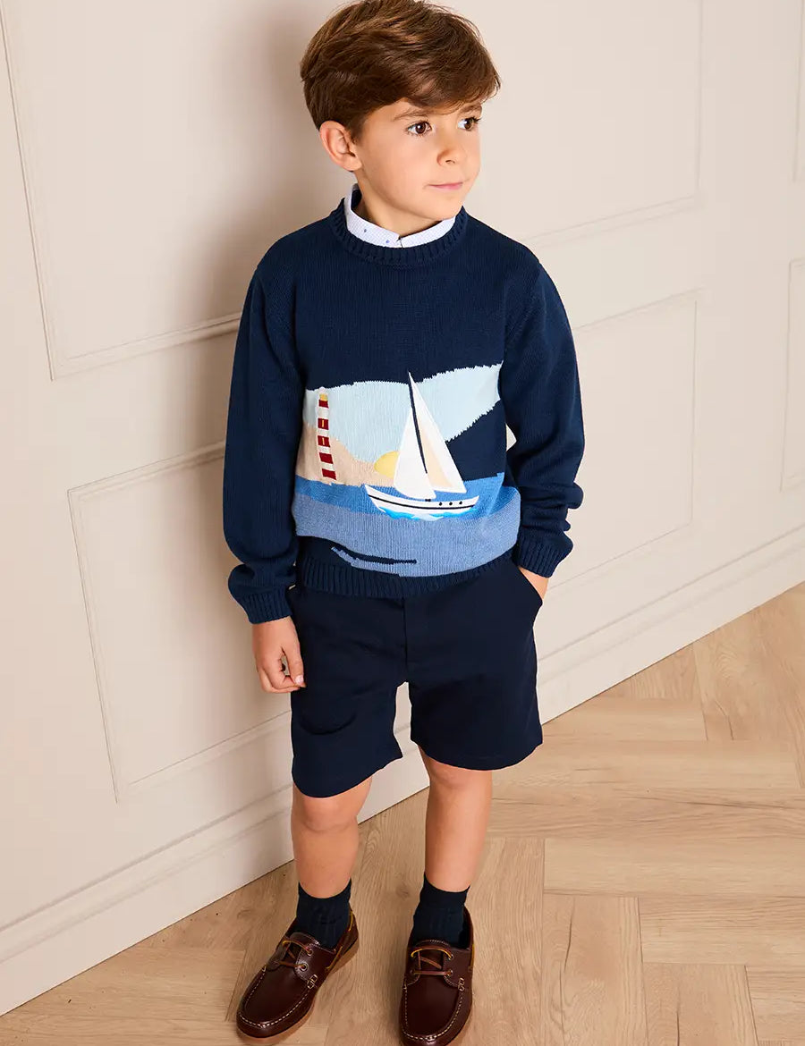 Seaside Postcard Knitted Jumper in Navy (18mths-6yrs) Knitwear from Pepa London