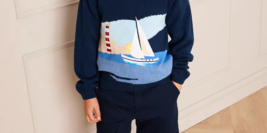 Seaside Postcard Knitted Jumper in Navy (18mths-6yrs) Knitwear from Pepa London