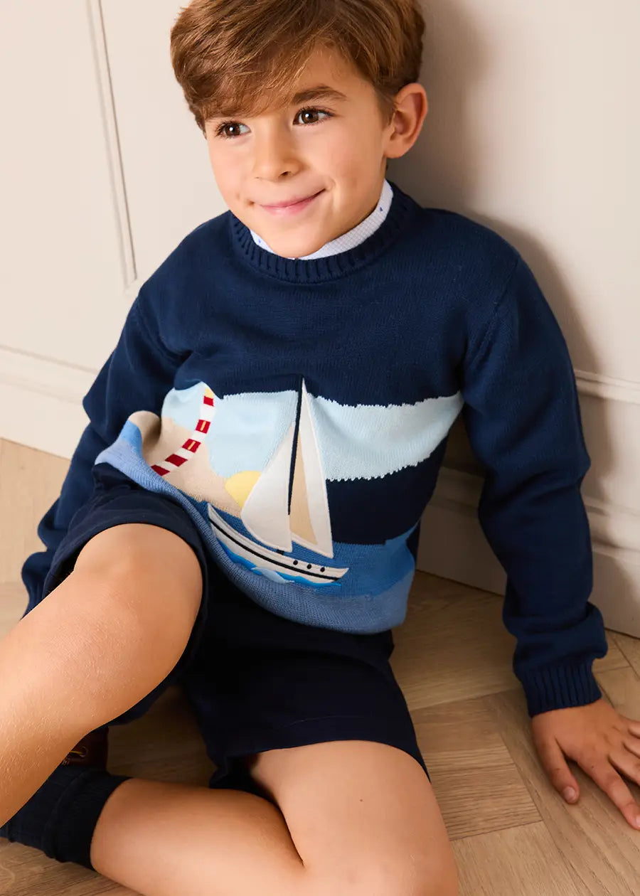 Seaside Postcard Knitted Jumper in Navy (18mths-6yrs) Knitwear from Pepa London
