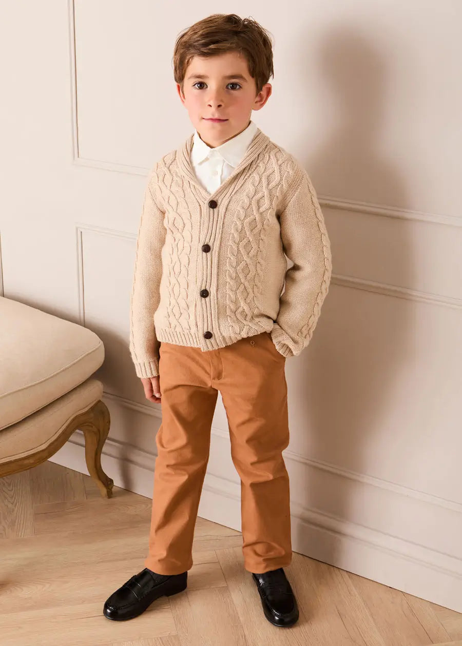 Cable Knit Shawl Neck Cardigan in Camel (2-10yrs) Knitwear from Pepa London