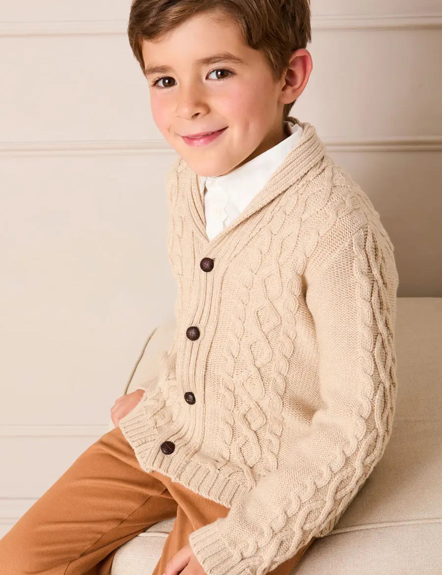 Cable Knit Shawl Neck Cardigan in Camel (2-10yrs) Knitwear from Pepa London