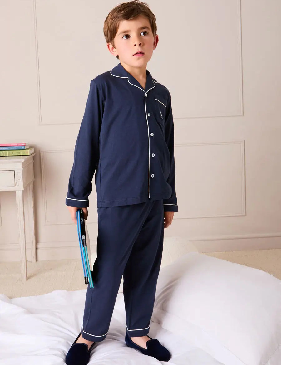 Rocking Horse Embroidered Pocket Detail Long Sleeve Pyjamas in Navy (18mths-10yrs) Nightwear from Pepa London