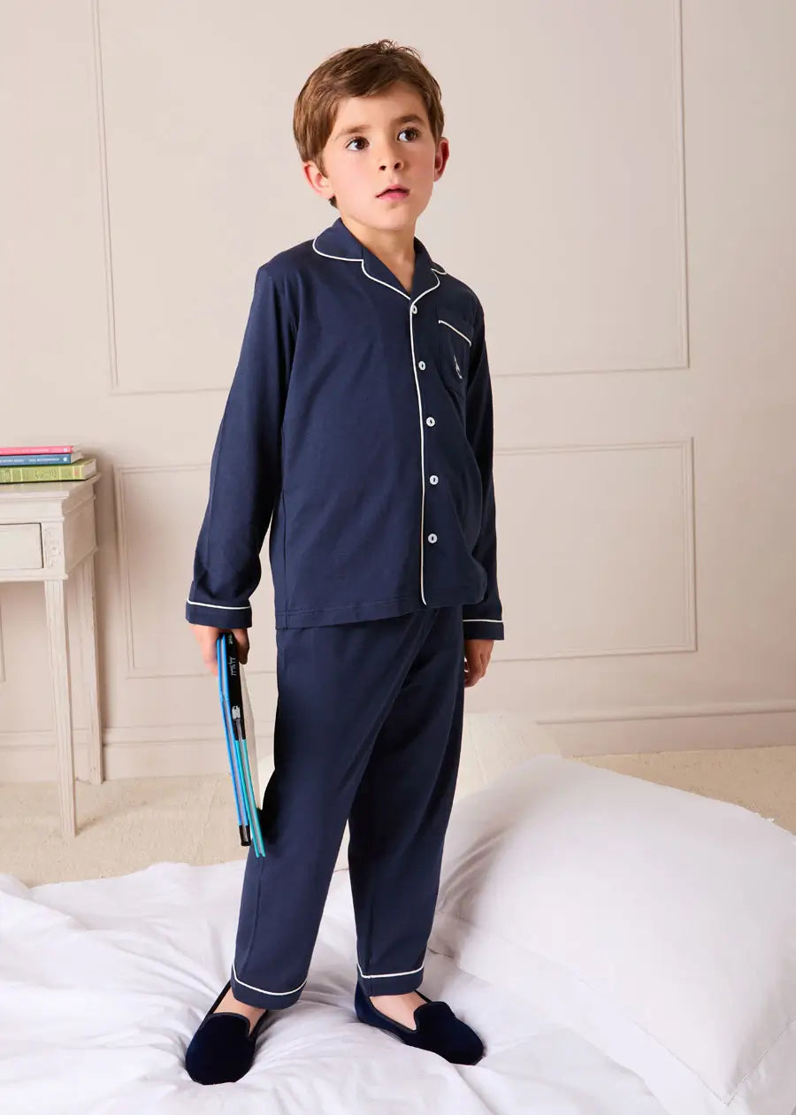 Rocking Horse Embroidered Pocket Detail Long Sleeve Pyjamas in Navy (18mths-10yrs) Nightwear from Pepa London