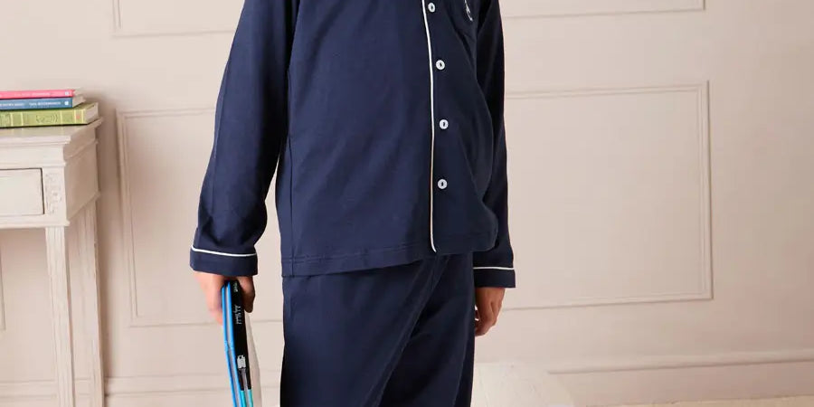 Rocking Horse Embroidered Pocket Detail Long Sleeve Pyjamas in Navy (18mths-10yrs) Nightwear from Pepa London