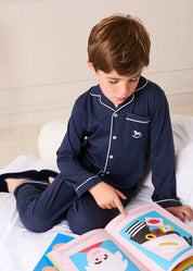Rocking Horse Embroidered Pocket Detail Long Sleeve Pyjamas in Navy (18mths-10yrs) Nightwear from Pepa London
