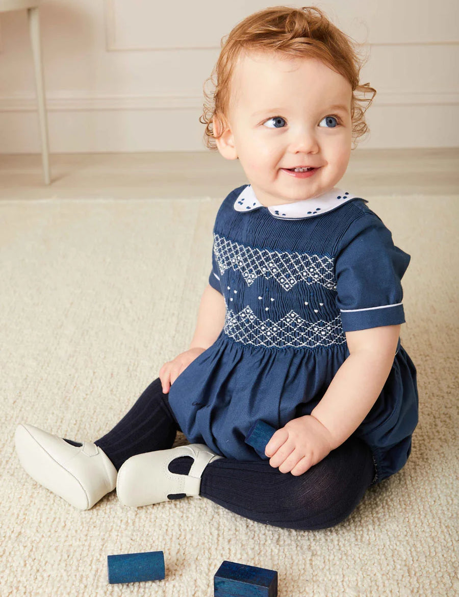 Hand Smocked Peter Pan Collar Short Sleeve Romper in Royal Blue (6mths-2yrs) Rompers  from Pepa London