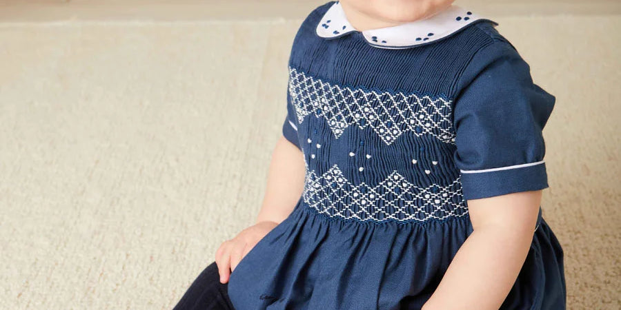 Hand Smocked Peter Pan Collar Short Sleeve Romper in Royal Blue (6mths-2yrs) ROMPERS from Pepa London