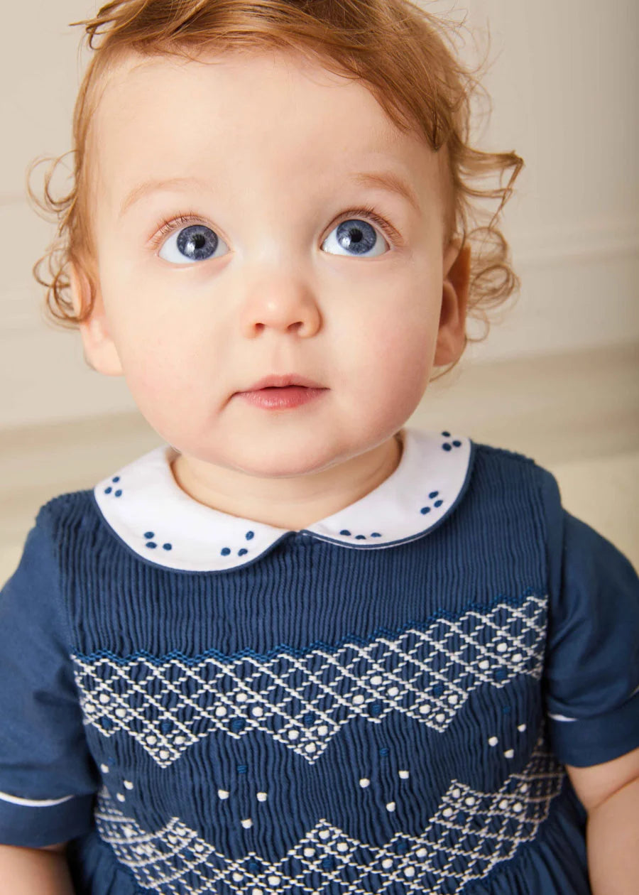 Hand Smocked Peter Pan Collar Short Sleeve Romper in Royal Blue (6mths-2yrs) Rompers  from Pepa London