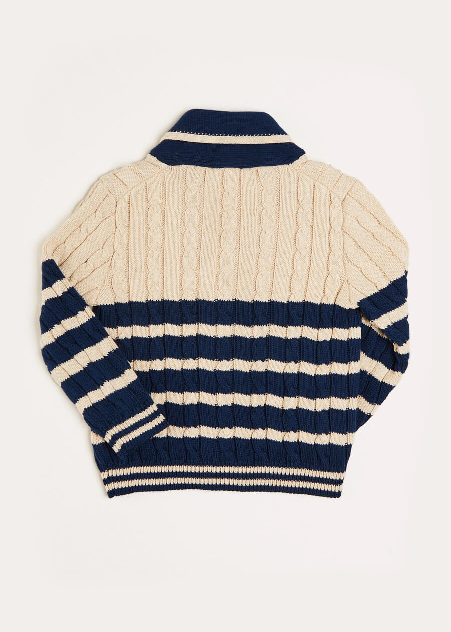 Anchor Motif Striped Cable Knit Cardigan in Navy (2-10yrs) Knitwear  from Pepa London