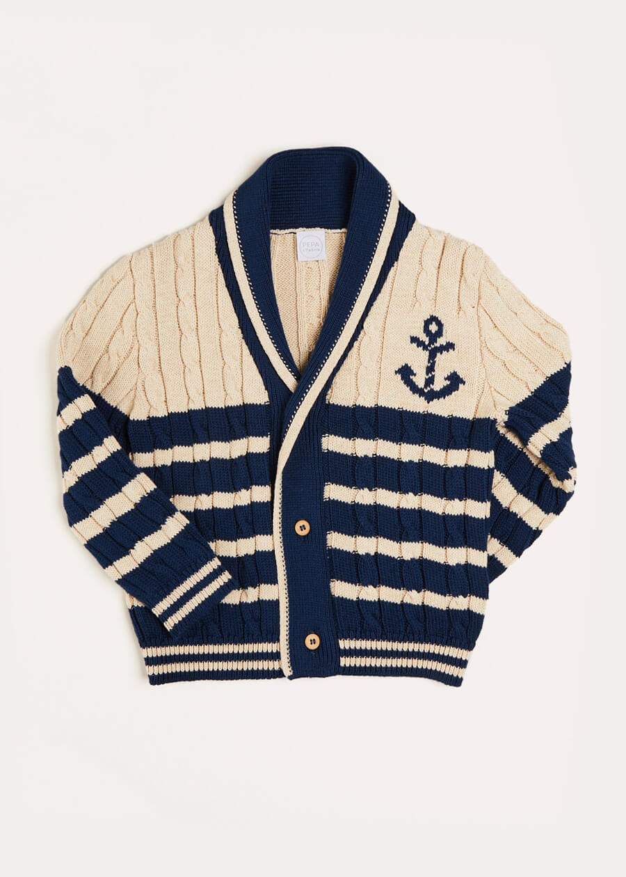 Anchor Motif Striped Cable Knit Cardigan in Navy (2-10yrs) Knitwear  from Pepa London