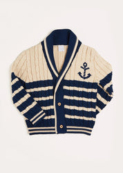 Anchor Motif Striped Cable Knit Cardigan in Navy (2-10yrs) Knitwear  from Pepa London
