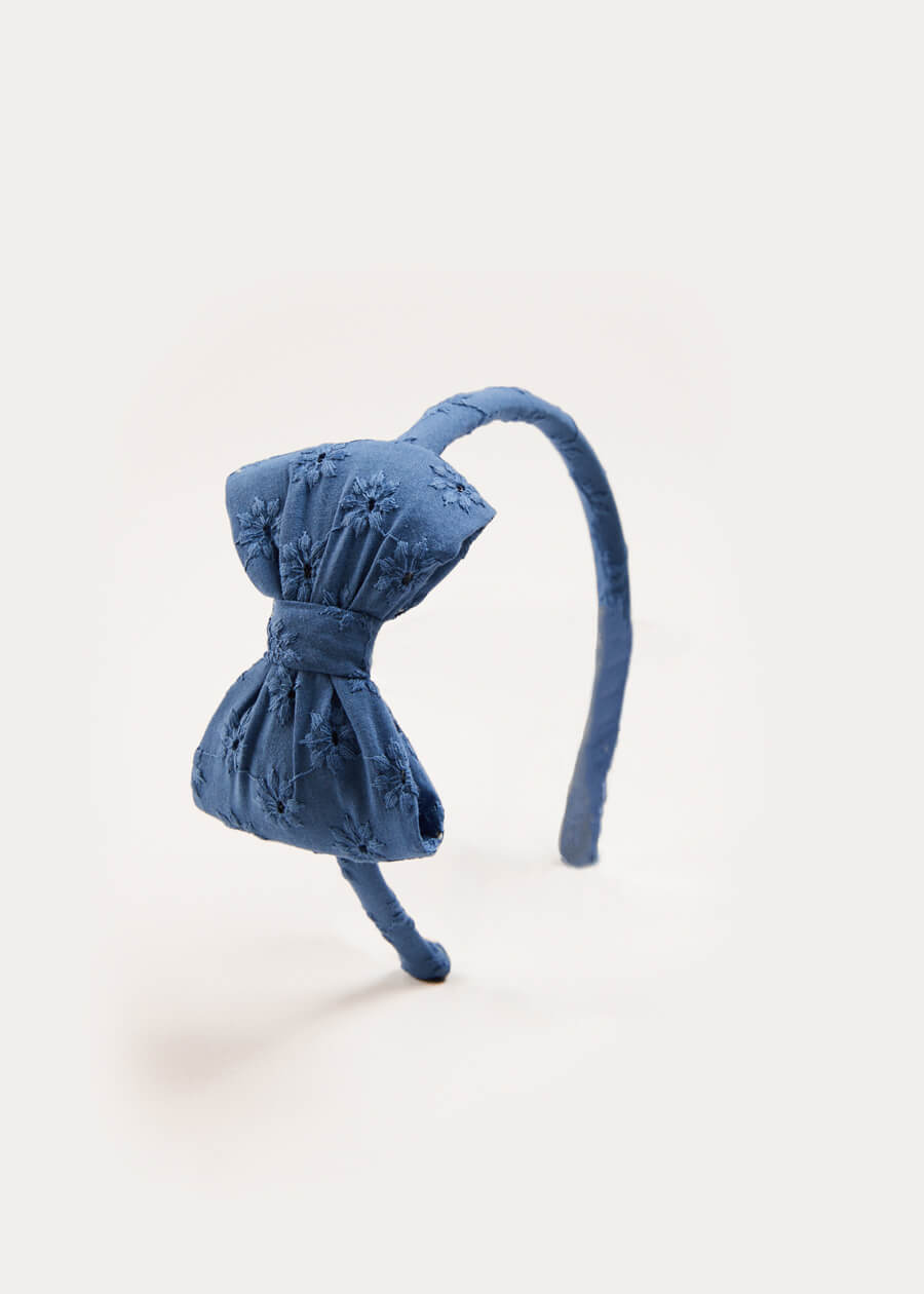 Broderie Anglaise Medium Bow Headband in Blue Hair Accessories  from Pepa London