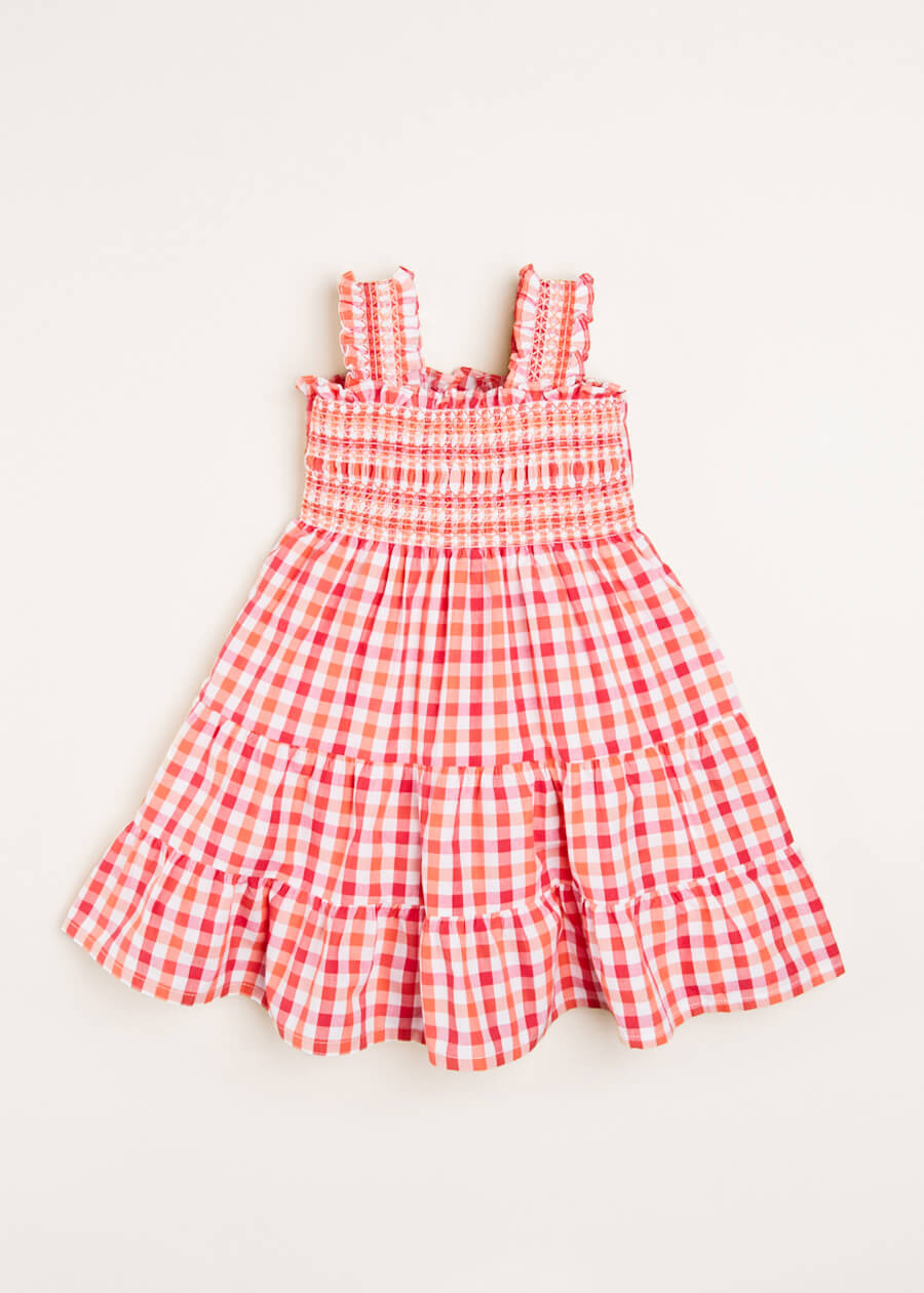 Check Smocked Strappy Dress in Coral (2-10yrs) Dresses  from Pepa London