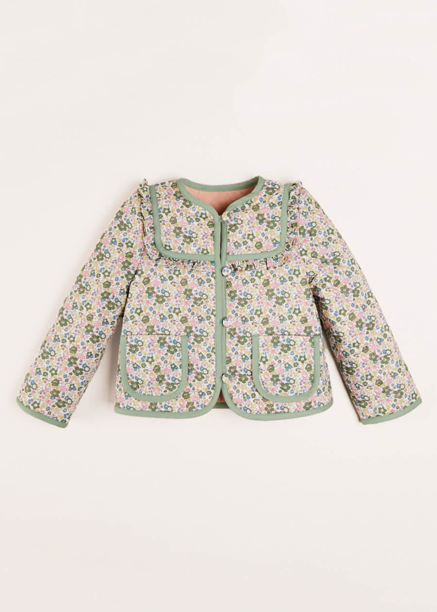 Emilia Floral Print Frill Trim Reversible Quilted Jacket in Green ...