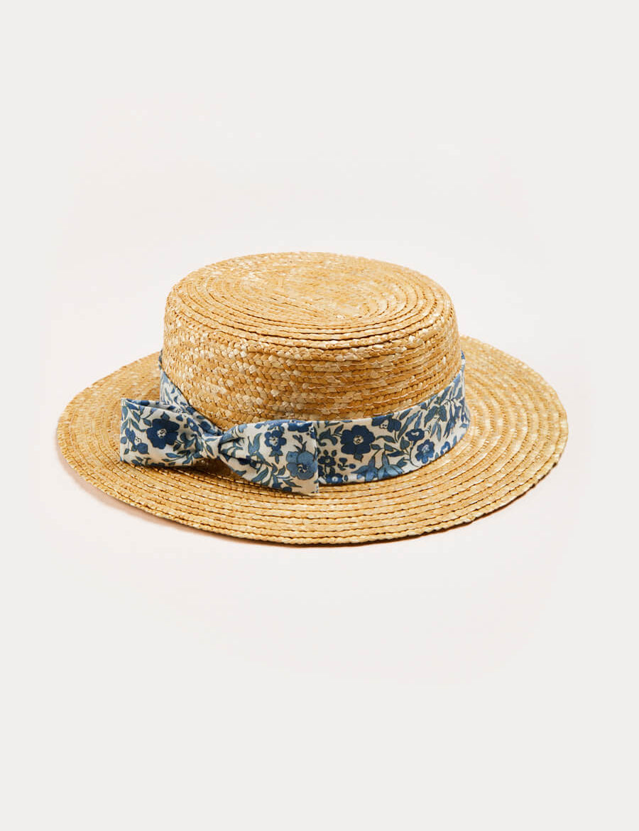 Daphne Floral Print Bow Detail Straw Hat in Blue (XS-M) Accessories  from Pepa London