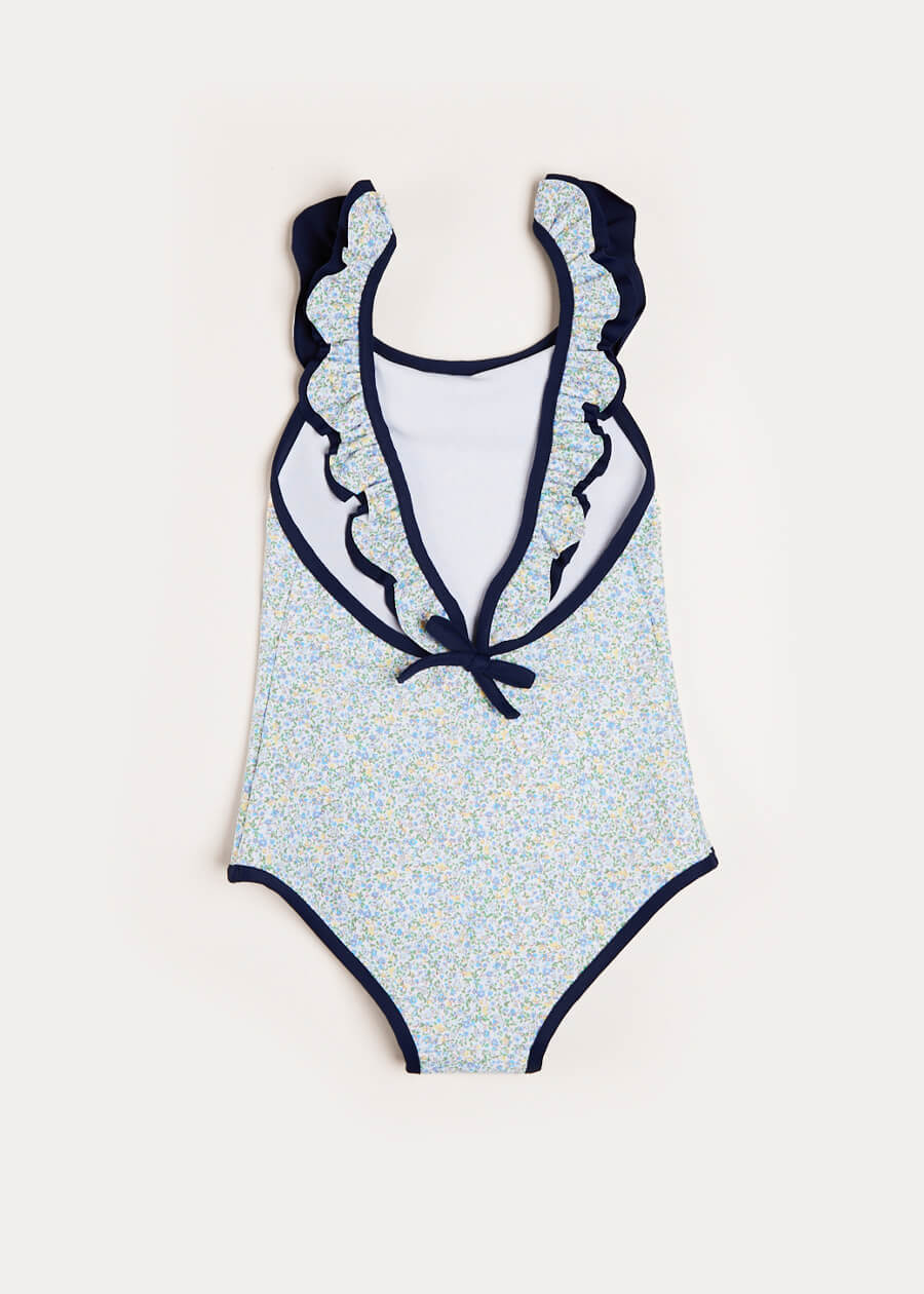 Matilda Floral Print Ruffle Trim Swimsuit in Blue (2-8yrs) Swimwear  from Pepa London