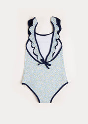 Matilda Floral Print Ruffle Trim Swimsuit in Blue (2-8yrs) Swimwear  from Pepa London