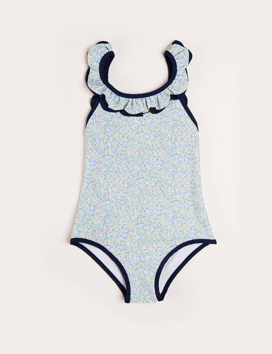 Matilda Floral Print Ruffle Trim Swimsuit in Blue (2-8yrs) Swimwear  from Pepa London