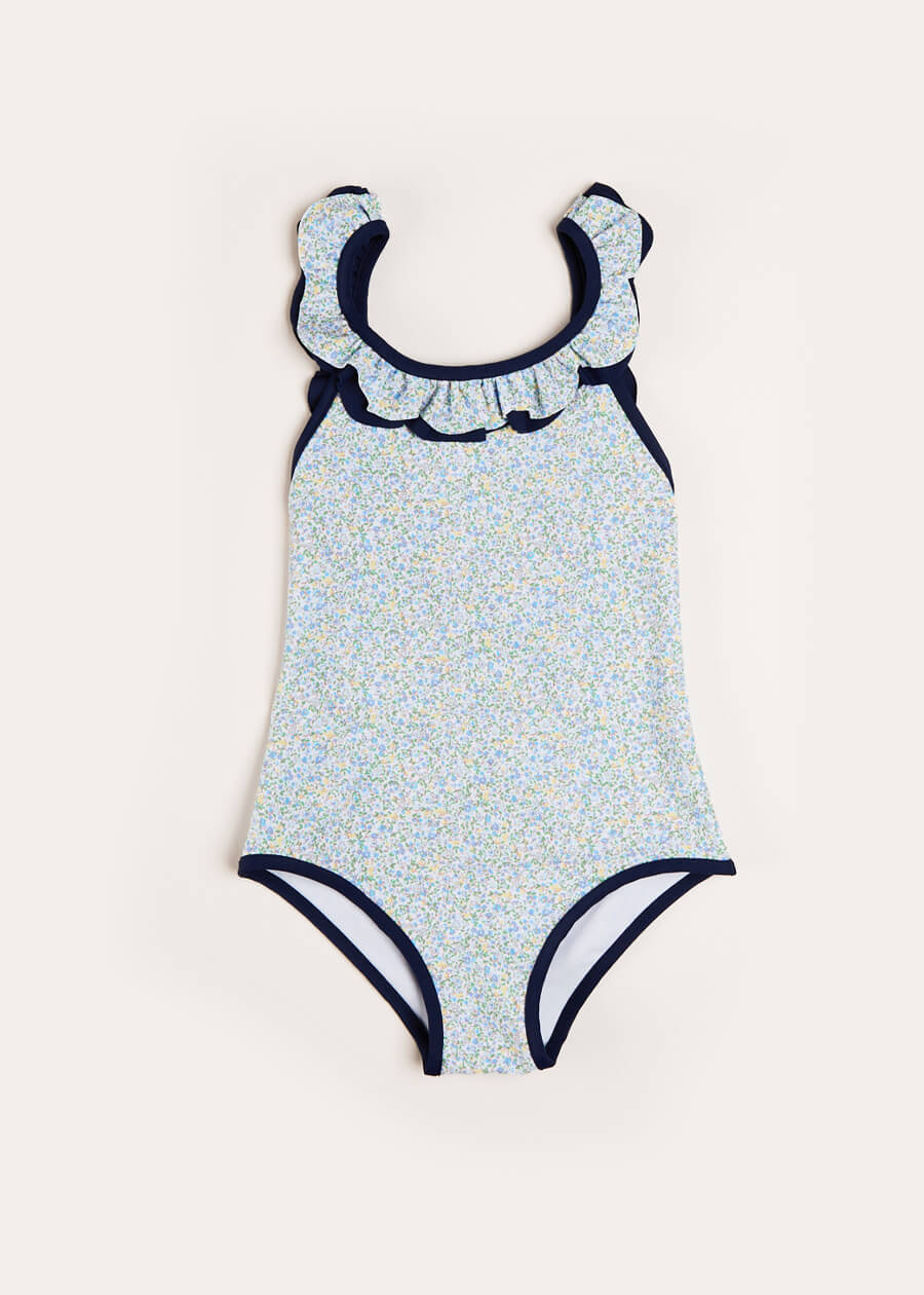Matilda Floral Print Ruffle Trim Swimsuit in Blue (2-8yrs) Swimwear  from Pepa London