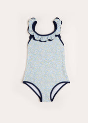 Matilda Floral Print Ruffle Trim Swimsuit in Blue (2-8yrs) Swimwear  from Pepa London