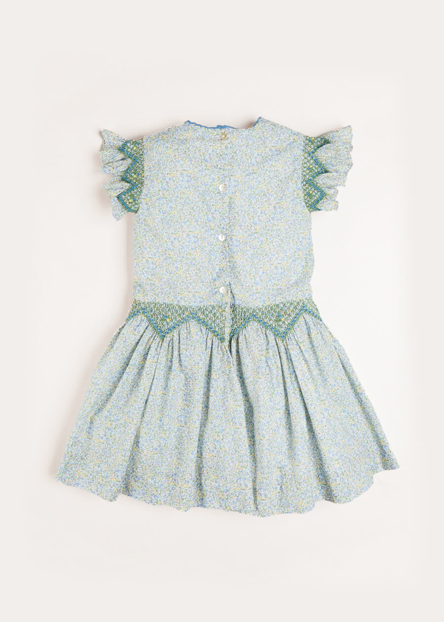 Matilda Floral Print Hand Smocked Sleeveless Dress in Blue (4-10yrs) Dresses  from Pepa London