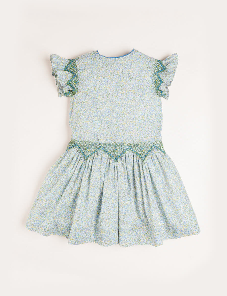 Matilda Floral Print Hand Smocked Sleeveless Dress in Blue (4-10yrs) Dresses  from Pepa London