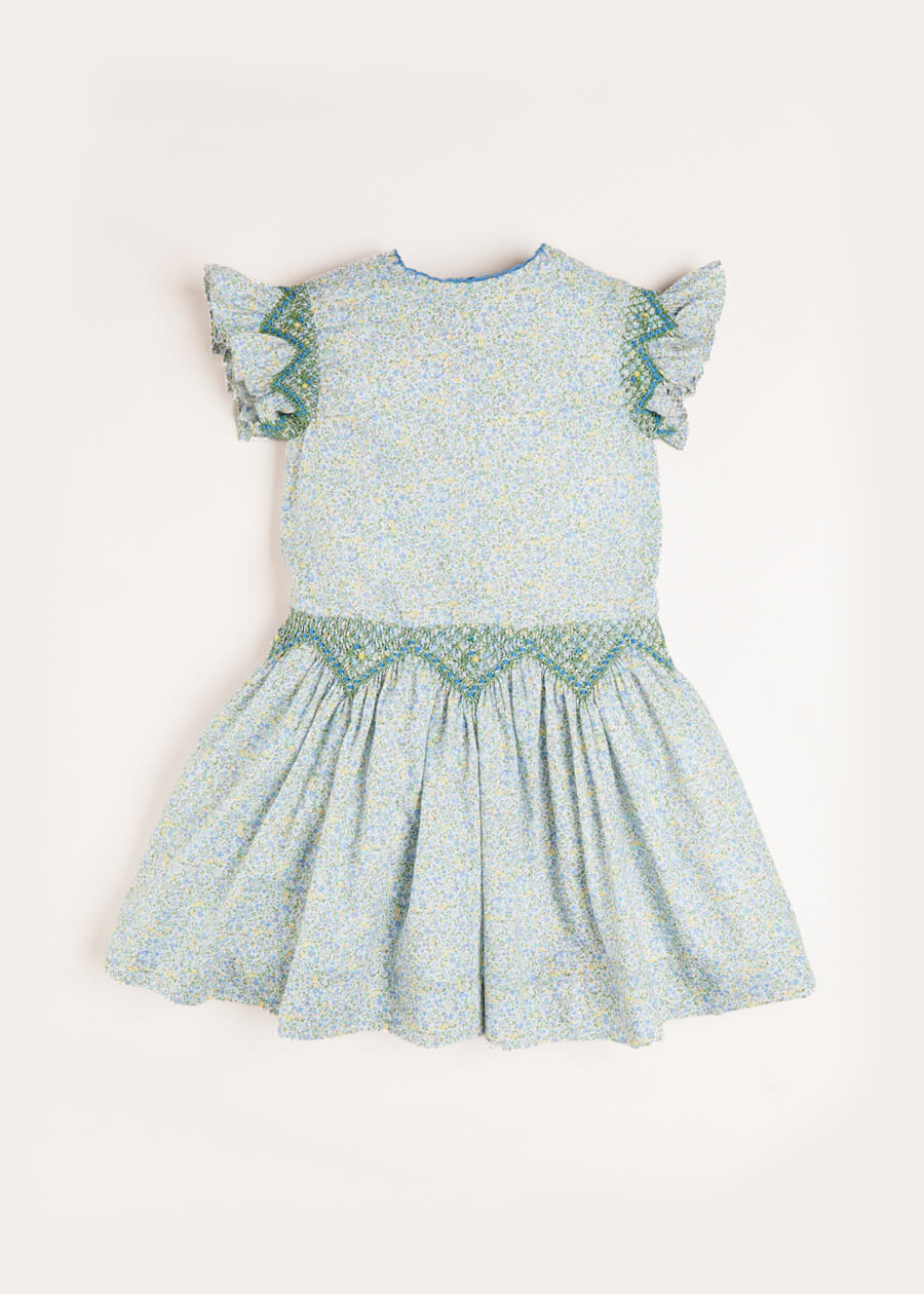 Matilda Floral Print Hand Smocked Sleeveless Dress in Blue (4-10yrs) Dresses  from Pepa London
