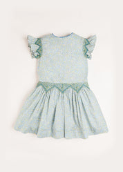 Matilda Floral Print Hand Smocked Sleeveless Dress in Blue (4-10yrs) Dresses  from Pepa London