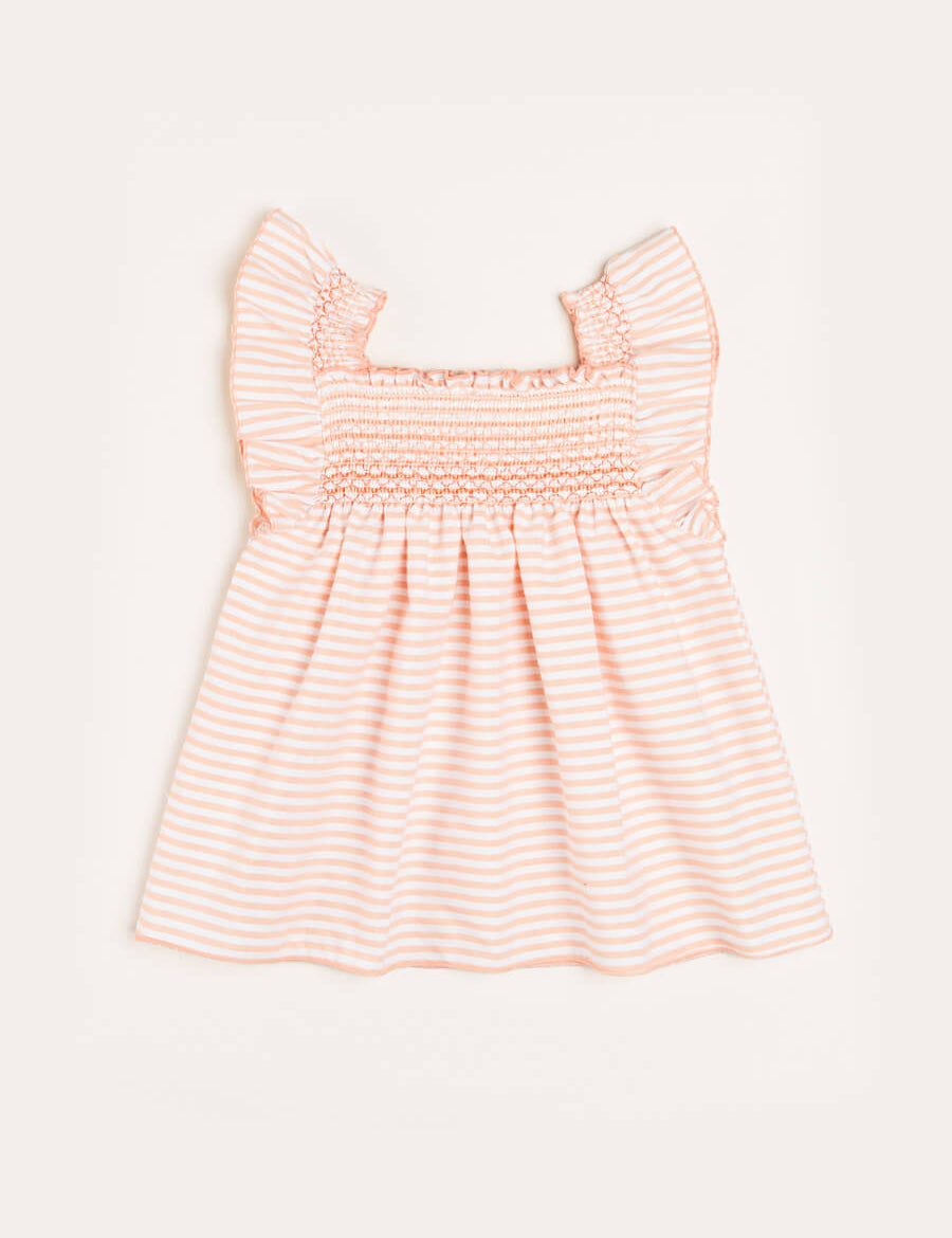 Striped Smock Detail Ruffle Sleeve Blouse in Tangerine (4-10yrs) Blouses  from Pepa London