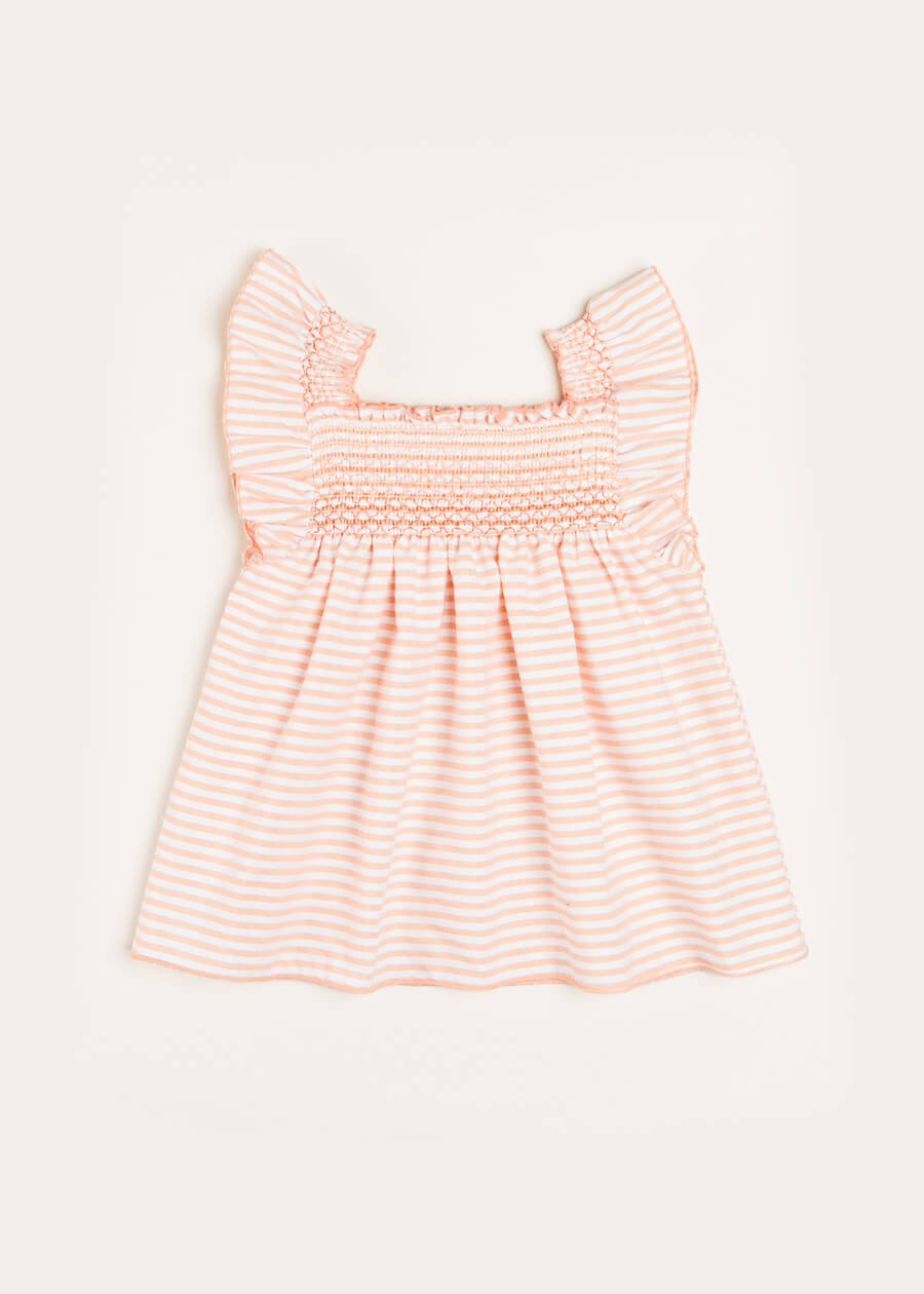 Striped Smock Detail Ruffle Sleeve Blouse in Tangerine (4-10yrs) Blouses  from Pepa London