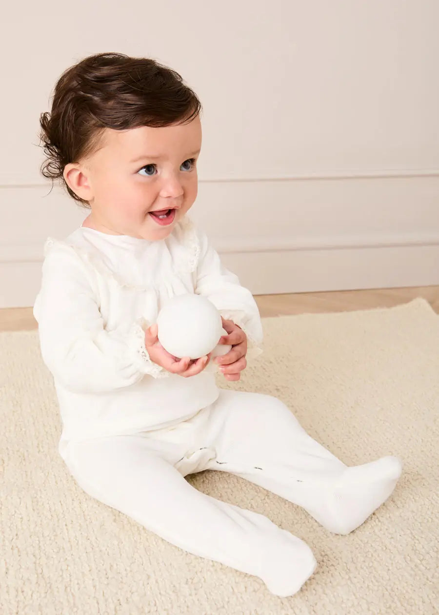 Floral Detail Embroidered Collar Velour All In One in Cream (1mth-12mths) #N/A from Pepa London