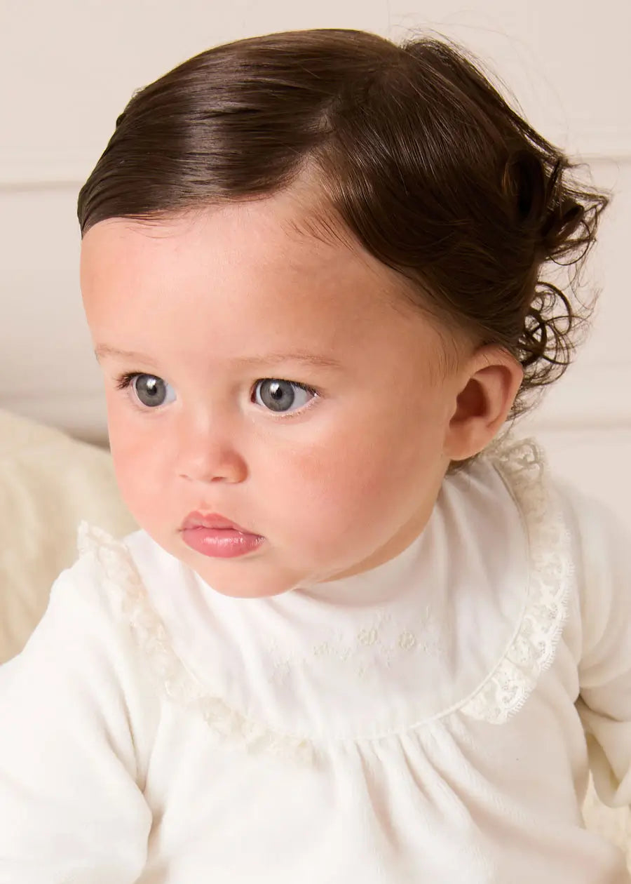 Floral Detail Embroidered Collar Velour All In One in Cream (1mth-12mths) #N/A from Pepa London