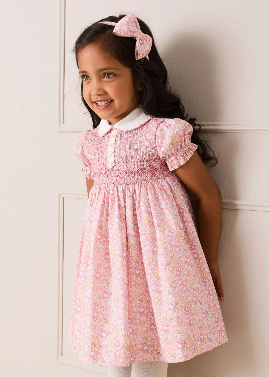 Nellie Floral Hand Smocked Embroidered Peter Pan Collar Dress in Pink (12mths-10yrs) Dresses from Pepa London