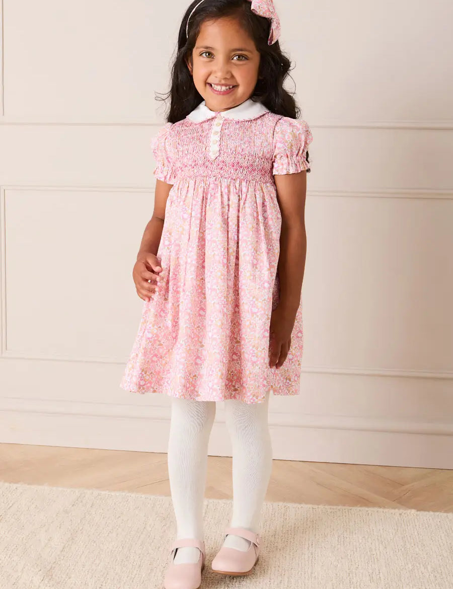 Nellie Floral Hand Smocked Embroidered Peter Pan Collar Dress in Pink (12mths-10yrs) Dresses from Pepa London