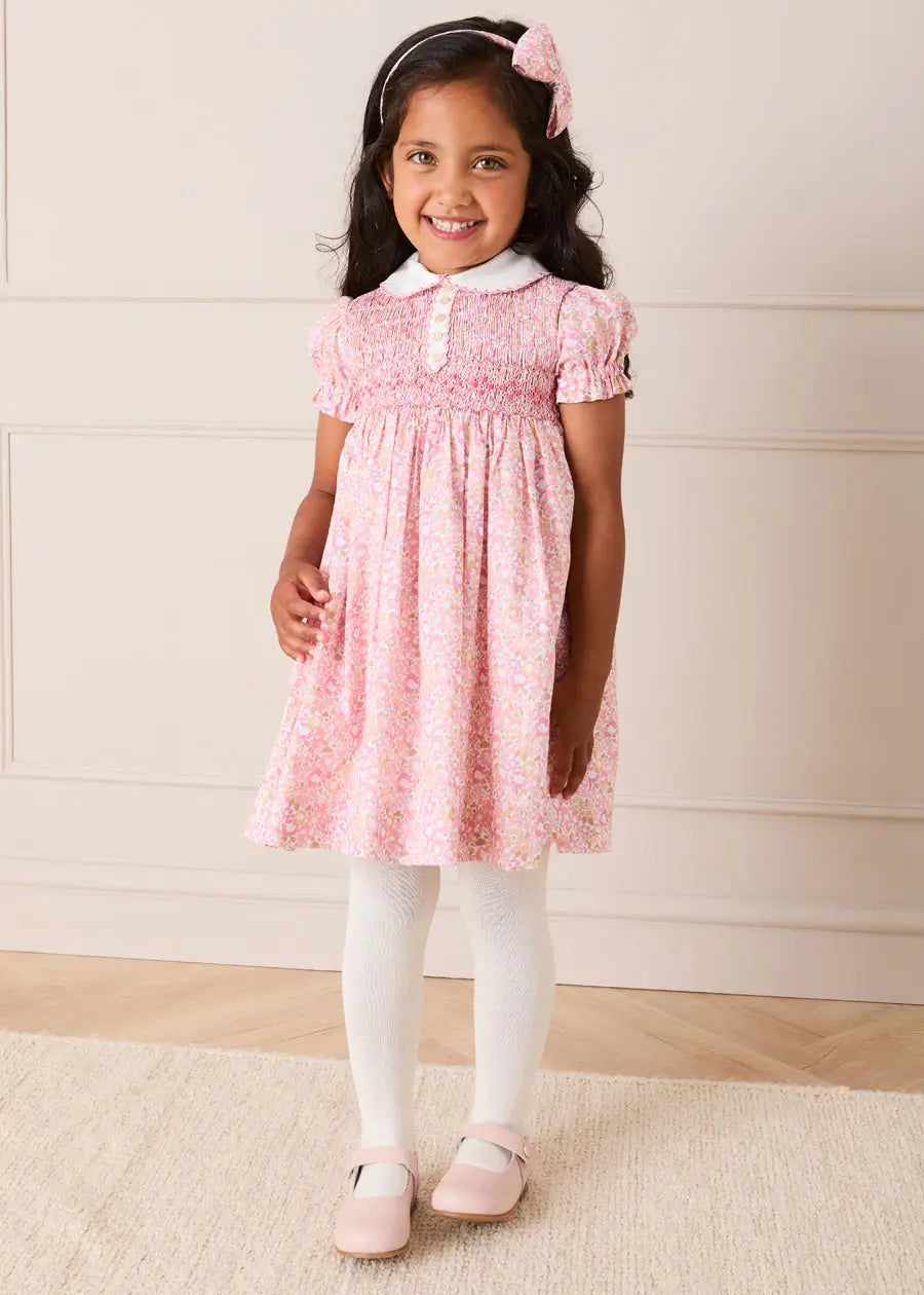 Nellie Floral Hand Smocked Embroidered Peter Pan Collar Dress in Pink (12mths-10yrs) Dresses from Pepa London