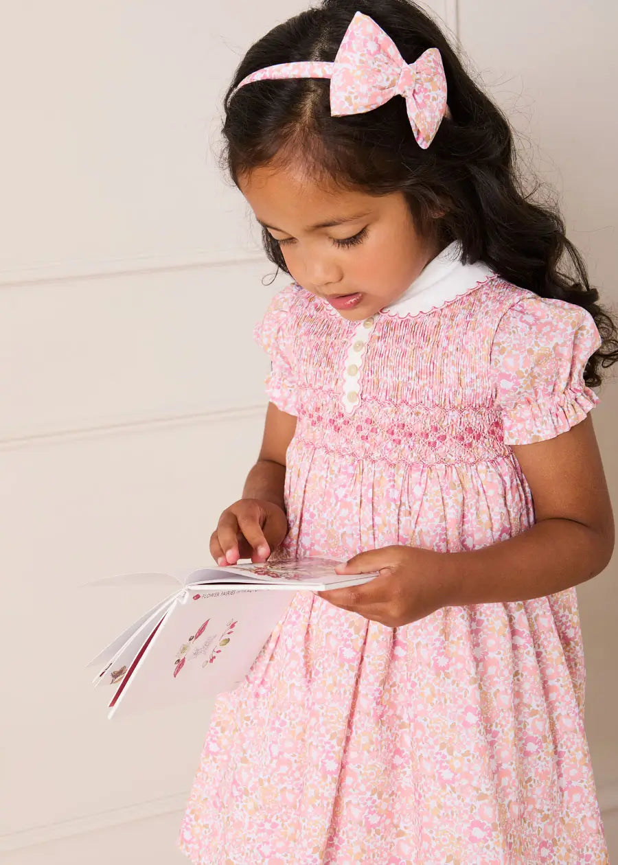 Nellie Floral Hand Smocked Embroidered Peter Pan Collar Dress in Pink (12mths-10yrs) Dresses from Pepa London